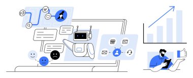 Robotik yapay zeka bir dizüstü bilgisayardaki mesajlar, duygular ve kullanıcı arayüzleriyle bağlantı kuruyor. Otomasyon, müşteri hizmetleri, geri bildirim, kullanıcı etkileşimi, veri analizi, iletişim iş verimliliği için ideal