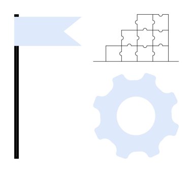 İş stratejisi konsepti. Bayrak hedefli iş stratejisi, işbirliği için yapboz parçaları ve problem çözme teçhizatı. Yenilik, takım çalışması, planlama, büyüme ve üretkenlik için mükemmel