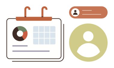 Büyük bir profil simgesinin yanında çizelge, ızgara ve kullanıcı detaylarıyla takvim sayfası. Planlama, planlama, analitik, organizasyon, görev yönetimi, üretkenlik uygulamaları için ideal basit düz metafor