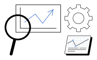 Büyüteç, yükselen çizgi grafiğini inceler, vites, veriyle ekranı sembolize eder. Analiz, istatistik, büyüme, araştırma, optimizasyon verimlilik iş stratejisi için ideal. Basit.