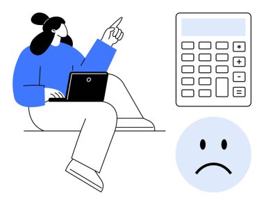 Finansal zorluklar. Bilgisayarda hesap makinesi ve finansal zorlukları vurgulayan üzgün yüz ikonu ile çalışan bir kadın. Mali planlama, çevrimiçi bütçe, maliyet izleme, para yönetimi, ekonomik