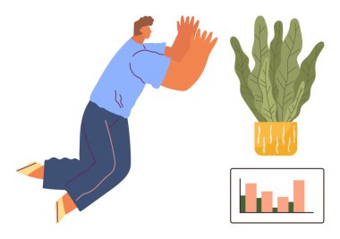 Enerjik bir adam sarı çömlek ve bar grafiğindeki yapraklı fabrikanın yanında zıplıyor. Kişisel gelişim, başarı, girişimcilik, motivasyon, doğa bağlantısı, ilerleme ve refah için idealdir. Basit düz