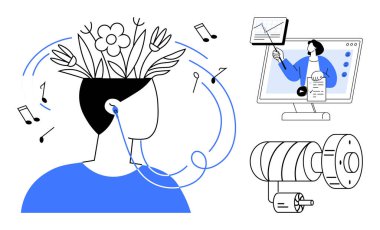 Yenilik kavramı. Yenilik, sanal eğitim, yaratıcı müzik ve makine mühendisliğini bir resimde birleştirir. Yaratıcılığı ve öğrenmeyi teşvik eden bir icat. Eğitim ve teknoloji için.