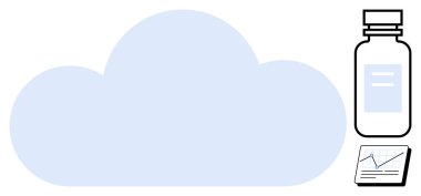 Üzerinde ilaç şişesi ve analitik çizelgesi olan mavi bulut. Teknoloji, sağlık, veri analizi, yenilik, dijital dönüşüm, tahmin analitiği, bulut depolama için ideal. Basit düz