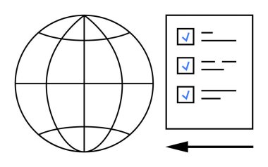 Kontrol listesi konsepti. Bir kürenin yanında mavi işaretli bir kontrol listesi ve ileriyi gösteren bir ok. Küresel ilerleme, uluslararası hedefler ve görev izleme listeleri. İş için uygun.
