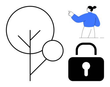 Mavi elbiseli, minimalist ağaç ve asma kilidi işaret eden kişi. Güvenlik, gizlilik, sürdürülebilirlik, çevre, karar verici modern tasarım eğitimi için idealdir. Basit düz metafor