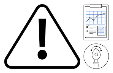 Büyük üçgen uyarı simgesi, analitik grafikli pano ve kalem aracı simgesi. Dikkat, veri analizi, verimlilik, tasarım iş akışı, planlama yaratıcı kavramları izlemek için ideal. Basit düz