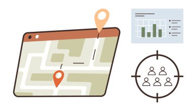 Konum iğneli dijital harita, bar haritası analizleri ve kullanıcı hedef simgesi. Navigasyon, pazarlama, analitik, hedef kitle, veri görselleştirme, strateji basit düz metafor