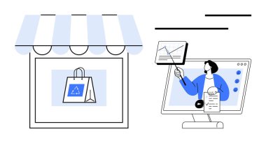 E-ticaret yenilikleri. E-ticaret çevre dostu alışveriş çantaları ve kapı eşikleri. E-ticaret analitik ve çevrimiçi öğretim yoluyla dijital eğitimle eşleştirildi. İş için mükemmel, perakende.