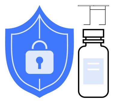 Mavi kalkanda asma kilit var. Tıbbi şişenin yanında güvenliği sembolize ediyor. Aşı koruması öneriliyor. Sağlık, aşı, koruma, güvenlik, ilaç, halk sağlığı dokunulmazlığı için ideal. Basit.