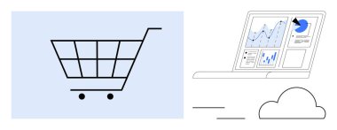 Veri analizi ve bulut elementlerini gösteren bir dizüstü bilgisayarın yanında alışveriş arabası simgesi. E-ticaret, teknoloji, finans, bulut hesaplama, veri güdümlü strateji, çevrimiçi ticaret ve yenilik için ideal. Basit.