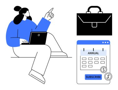 Her yıl abonelik takvimi ve evrak çantasıyla birlikte görevler için dizüstü hareketler yapan bir kadın. Planlama, iş stratejisi, üretkenlik, iş akışı, abonelik hizmetleri, zaman