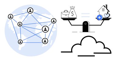 Küresel ağ konsepti. Küresel ağ, iletişim ve işbirliği için dünya çapında kullanıcıları birbirine bağlar. Küresel ağ bulut hesaplamasını, finansmanı ve akıllıca kararları destekler. Kullan