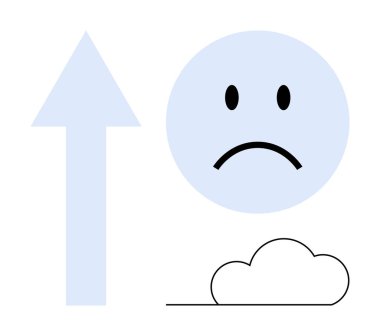 Duygular konsepti. Üzgün bir yüzün grafiği, yukarı doğru ok ve zorlukları ve büyümeyi tasvir eden bulut. Duygular insan gelişiminde, gelişiminde ve engelleri aşmada merkezdir. Akıl sağlığı için.