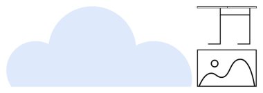 Geniş çerçeveli masası olan mavi bulut şekli ve veri depolama, yükleme veya aktarma için eklenmiş peyzaj yer tutucu simgesi. Teknoloji, bulut hesaplama, uygulamalar, veri çalışma alanı için ideal