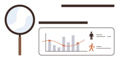 Kullanıcı ölçümleri ve etkinlik verileri ile çubuk ve çizgi grafiklerine odaklanan büyüteç. Analiz, araştırma, istatistik, izleme, strateji, veri içgörüleri için ideal, basit düz metafor