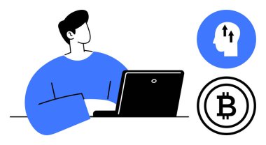 Kripto para birimi konsepti. Bilgisayarda çalışan bir kişinin kripto para sembolü ve büyüme fikri simgesi. Kripto para yeniliği, teknoloji ve finansal evrim. Fintech için, engelleme zinciri