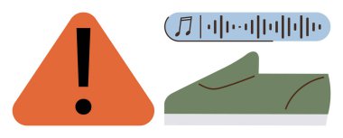 Ünlem işaretli turuncu uyarı üçgeni, notalı ses dalgası ve yeşil ayakkabılı. Güvenlik, hareket, ses, uyarı, spor minimalizmi için ideal. Basit bir düz metafor.