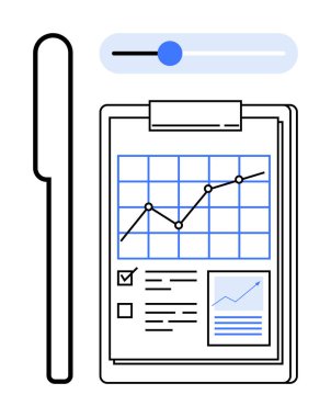 Ayarlamalar için kaydırma çubuğu olan dosyalar, kontrol listesi ve analizlerin yer aldığı panonun yanındaki kalem. İş, planlama, verimlilik, veri analizi kişiselleştirme araştırma stratejisi için idealdir. Basit.