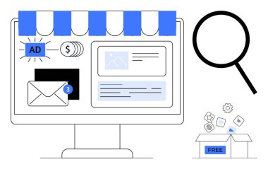 Bilgisayar ekranında reklamlar, e-postalar ve içerik mağaza tipi güneşlik, büyüteç, ücretsiz kaynaklı açık kutu. Pazarlama, reklam, e-ticaret, strateji markalaşması için ideal
