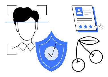 Biyometrik yüz tanıma, keneli doğrulanmış kalkan, yıldız dereceli kullanıcı profili ve kirazlar. Güvenlik, kimlik doğrulama, güven, askere alma teknolojisi inceleme sistemleri için idealdir. Basit.