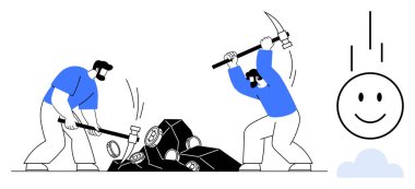 Maden ekibi çalışması. Aletlerle taş kıran, işbirliği yapan ve sıkı çalışan iki kişinin madencilik ekibi çalışması. Üretkenlik, uygulamalar, görseller, eğitim ve takım çalışması için madencilik takım çalışması