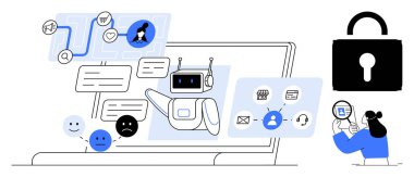 Siber güvenlik kavramı. Veri güvenliği ve kimlik koruması için yapay zekaya sahip siber güvenlik. Güvenli iletişim, veri gizliliği, otomasyon, analiz ve çevrimiçi siber güvenlik araştırması