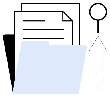 Evraklı klasör, büyüteç, yukarı doğru ok arama, veri transferi ve organizasyonu temsil ediyor. Üretkenlik, arşivleme, depolama, bulut hesaplama analizi için ideal iş akışı basit düz