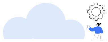 Kocaman mavi bir bulut ve onu işaret eden bir kişi var. Teknoloji, yenilik, veri yönetimi, sistem ayarları, bulut depolama, dijital çözümler için ideal, basit düz metafor