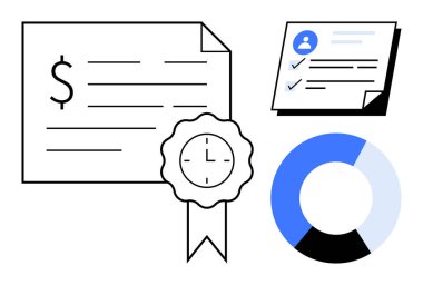 Dolar işareti olan mali sertifika, saat, kullanıcı detaylarıyla kontrol listesi ve bölünmüş pasta tablosu. Sertifika, finans, analitik, veri analizi, zaman yönetimi için ideal