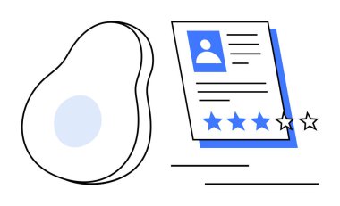 Kullanıcı resmi, metin, mavi yıldız derecelendirme sistemi ve düz avokado tasarımı olan profil kartı. Gıda endüstrisi için ideal, kullanıcı değerlendirmesi, beslenme değerlendirmesi, profil değerlendirmesi, sağlıklı yaşam tarzı, marka