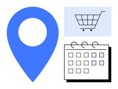 Mavi yer imi navigasyonu, online alışverişler için alışveriş arabasını ve takvimi sembolize ediyor. Lojistik, e-ticaret, dağıtım, zaman yönetimi, hizmetler, dijital araçlar için ideal