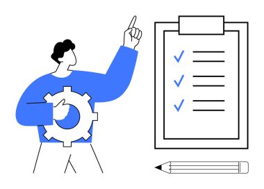 Elinde kontrol listesi ve kalemle panonun yanındaki teçhizatı tutan kişi. Organizasyon, yönetim, verimlilik, planlama, iş akışı, strateji, takım çalışması için ideal. Minimalist düz metafor