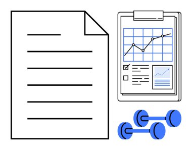 Kağıt belge, grafik ve listeli pano ve iki dambıl planlama, analiz ve zindelik. Fitness, izleme, planlama, yaşam tarzı hedefleri için ideal sağlık odaklı düz egzersiz