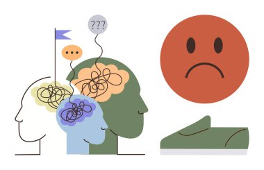 Kafasında karışık çizgiler olan siluetler, konuşma baloncukları ve üzgün yüz karışıklığı, zihinsel sağlık sorunları ve duygusal bunalım çağrıştırıyor. Psikoloji, terapi, stres, duygular için ideal