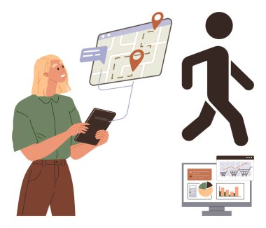 Kadın dijital haritayı konum iğneleriyle, hareket takip için yaya simgesiyle, ekrandaki analizlerle yönetiyor. Navigasyon, hareketlilik, analitik, akıllı araçlar, lojistik, teknoloji kullanıcısı için ideal