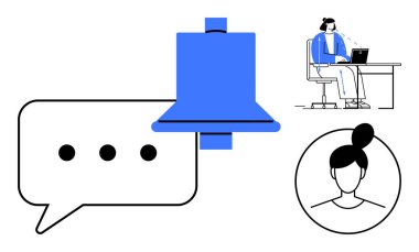 Uyarı konsepti. Bildirim çan simgesi, sohbet balonu ve kullanıcı etkileşimi tarafından gösterilmiştir. Bildirimler iletişimi ve etkileşimi artırır. Uygulamalar, mesajlaşma, alarm sistemleri, UX tasarımı için
