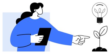 Tablet tutan ve yanında bir ampul olan genç bir bitkiyi işaret eden bir kadın. Yenilik için ideal, sürdürülebilirlik, büyüme, eğitim, liderlik, yaratıcılık stratejisi. Basit düz metafor