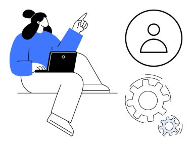Dizüstü bilgisayarda çalışan bir kadın, dişlilerin yanındaki profil simgesini gösteriyor. Kullanıcı yönetimi, profil kurulumu, sistem ayarları, takım çalışması, teknoloji, etkileşim ve iletişim için ideal. Basit düz