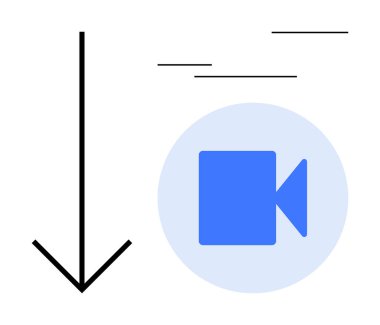 Siyah indirme oku, hareket çizgileriyle çevrili mavi video kamera simgesinin yanında. Medya, teknoloji, iletişim, yayın, indirme, içerik paylaşımı, basitlik için ideal
