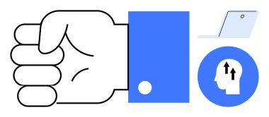 İş büyümesi konsepti. Sıkışmış bir yumruk, baş siluetinde yukarı doğru oklar ve dizüstü bilgisayar işi. İş büyümesi, başarı, yenilik, girişimcilik, motivasyon