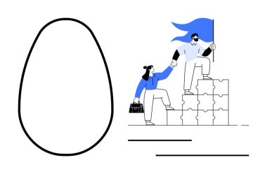 İki kişi bulmaca bloklarına tırmanıyor, biri diğerine yardım ediyor. Yakınlarda büyük, soyut bir yumurta şekli var. Takım çalışması, liderlik, işbirliği, hedefler, akıl hocalığı büyümesi için ideal. Modern