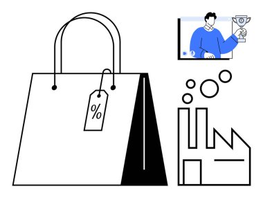 Yüzdelik etiketli bir alışveriş çantası, video görüşmesinde kupa tutan bir adam ve fabrika ikonu. Pazarlama, e-ticaret, perakende sektörü, satış promosyonları, imalat, çevrimiçi alışveriş için ideal