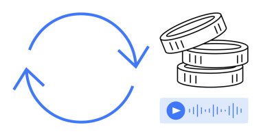 Dairesel ok, sürekli süreci vurguluyor, parayı temsil eden bozuk paralar yığılıyor ve işitsel işlem için çalma düğmesi ile ses dalgaları üst üste konuyor. Finans, teknoloji ve dijital ödeme için ideal