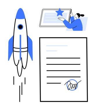 Roket fırlatma, imzalı belge ve reytingleri değerlendiren işçi sınıfı yeni girişimleri ve başarıları temsil ediyor. Yenilik, başarı, hedefler, anlaşma, takım çalışması motivasyon yaratıcılığı için idealdir. Basit düz