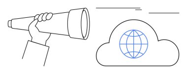 Merkezinde küre olan bir buluta doğru el ele tutuşan teleskop küresel bağlantıyı ve görüşü gösteriyor. Teknoloji, internet, keşif, gelecek, yenilik, araştırma iletişimi için ideal