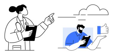 Doktorun elindeki pano, teknolojiyi kullanarak uzaktan hastayla etkileşime giriyor. Geri bildirim baş parmaklarla gösteriliyor. Teletıp, uzaktan konsültasyon, sağlık hizmetleri yeniliği ve sanal destek için ideal