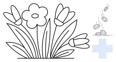 Düşen sikkeler ve çapraz sembollerle çevrili çiçekler. Büyüme, sağlık, yatırım, hayır, tasarruf, doğa bakımı ve finansal refah için idealdir. Basit düz metafor