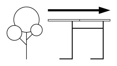 Ağacın minimalist çizgi vektörü, sağ tarafı gösteren yatay ok ve temel tablo yapısı. Doğa, yön, mobilya, basitlik, tasarım minimalizm ve konsept için idealdir. Basit düz metafor