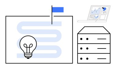 Yenilik için ampul, hedefler için bayrak yolu veri depolama için sunucu yığını, analizli dizüstü bilgisayar. Teknoloji, fikirler, strateji, yenilikçi veri ilerlemesi planlamak için idealdir. Basit düz